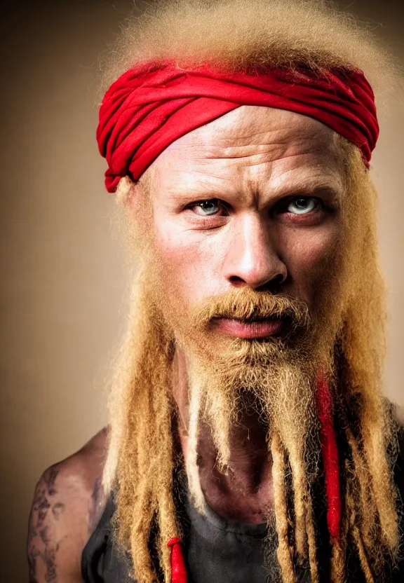 Prompt: photo portrait of an rugged strong albino african pirate with a red headband | brown brown!!!!! vest | young adult, thin blonde mustache, big big afro big blonde hair, stern face, rugged and dirty, cinematic lighting at sundawn, movie color grading