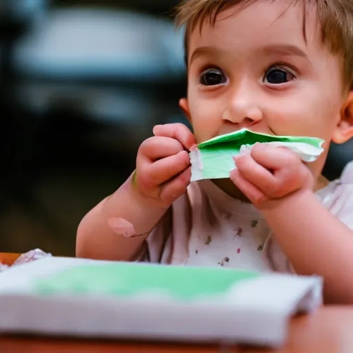 Prompt: a child eating paper