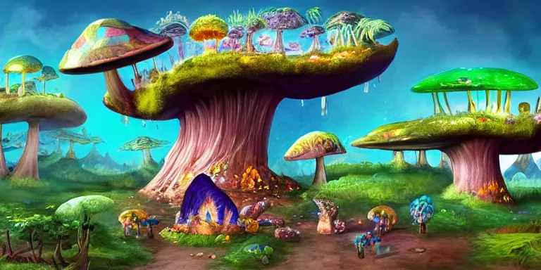 Prompt: a crystal and mushroom ridden world, extinct species, epic land formations, detailed, wide shot,