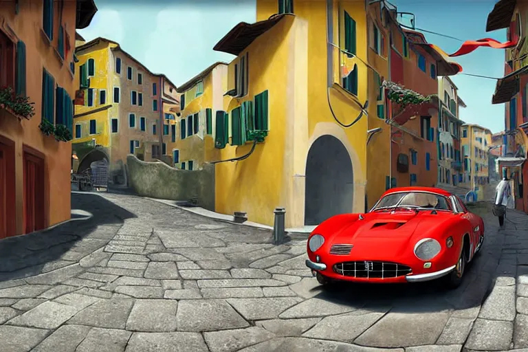 Image similar to a wholesome animation key shot of!! one!! focused!! ferrari 2 5 0 gt!! in beautiful cinque terre italian street, medium shot, studio ghibli, ( pixar ) and disney animation, sharp, very detailed, high resolution, rendered in unreal engine 5, anime key art by greg rutkowski, bloom, dramatic lighting