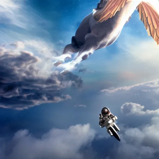 Prompt: a cinematic photograph of an astronaut riding a Pegasus flying above the clouds, mystical