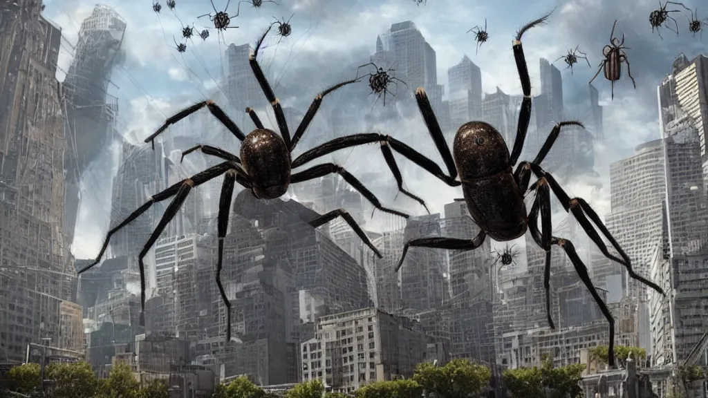 Image similar to giant arachnids attacking the city, realistic, arachnophobia