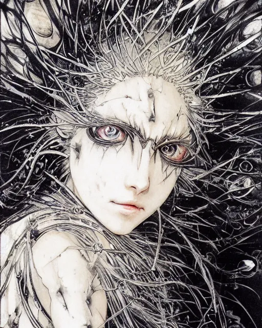 Prompt: Yoshitaka Amano realistic illustration of an anime girl with wavy white hair and cracks on her face wearing spiky crown and Elden ring armor with the cape fluttering in the wind, abstract black and white patterns on the background, noisy film grain effect, highly detailed, Renaissance oil painting, weird portrait angle