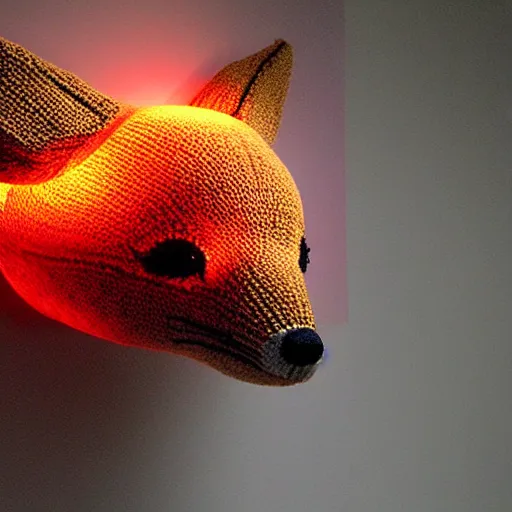 Prompt: a knitted red fox head dynamic lighting museum