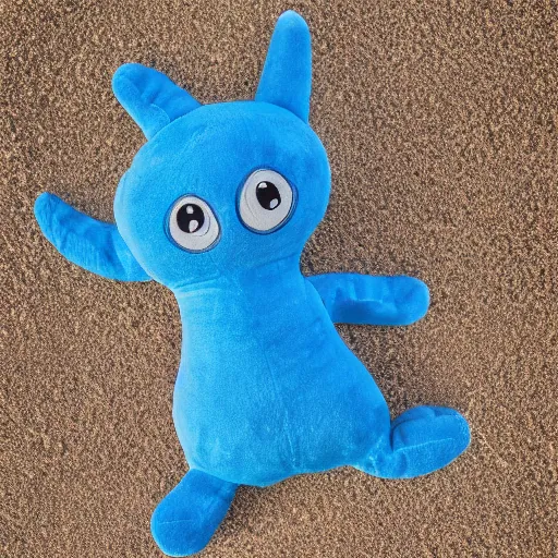 Prompt: blue'snappy gifts'plush doll, on beach sand, gifts, dark atmosphere, high detail, soft lighting, 8 k