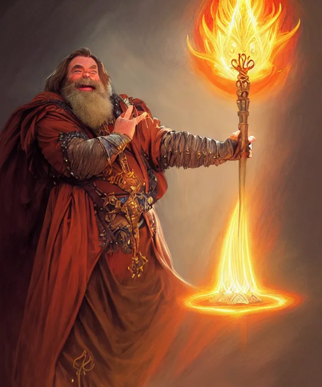 Prompt: brian blessed as a fantasy dwarf wizard, casting a fireball spell, with a staff and billowing cloak, portrait, fantasy, intricate, elegant, highly detailed, digital painting, artstation, concept art, smooth, sharp focus, illustration, art by artgerm and greg rutkowski and alphonse mucha