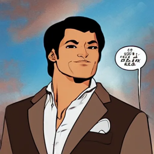 Image similar to A masculine middle aged man with tan skin, brown eyes, and hip-length, shiny, black hair, in the style of DC Comics