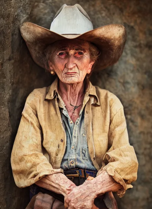 Prompt: closeup portrait of desperate dan (cowboy), old lady, zeiss lens, detailed, symmetrical, centered, fashion photoshoot, by Annie Leibovitz and Steve McCurry, David Lazar, Jimmy Nelsson, Breathtaking, 8k resolution, extremely detailed, beautiful, establishing shot, artistic, hyperrealistic, beautiful face, octane render