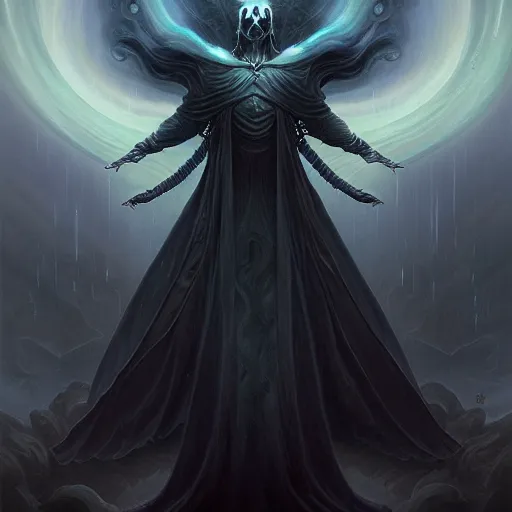 Prompt: the keeper of the eternal void, ethereal being, swirling black cloak, dark and brooding, volumetric light, rendered in octane, matte fantasy painting, high res, by brom, by peter mohrbacher