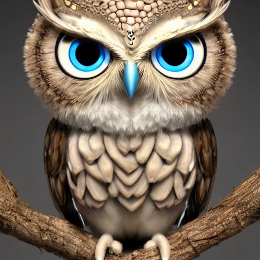 Image similar to cute owl, charactor, with big blue eyes, with a crown on his head, magical, warrior, portrait, hyper detailed, stylistic, symmetrical, 3 d render, photorealitic, 8 k, octane render