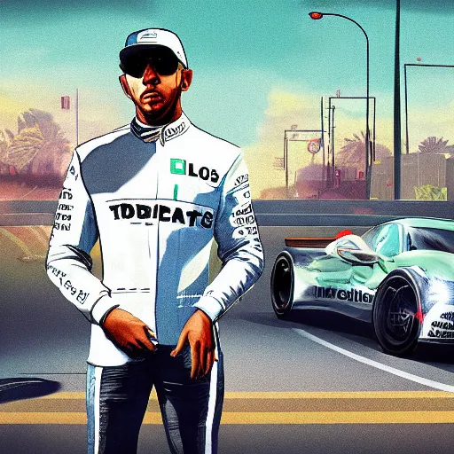 Image similar to lewis hamilton in gta v, cover art by stephen bliss, artstation, no text