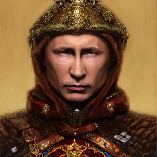 Prompt: Vladimir Putin as a fantasy D&D character, portrait art by Donato Giancola and James Gurney, digital art, trending on artstation