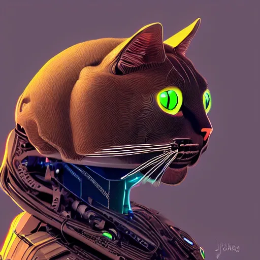 Image similar to A cyborg cat, realistic, sharp focus, 8k high definition, insanely detailed, intricate, elegant, art by James Gilleard