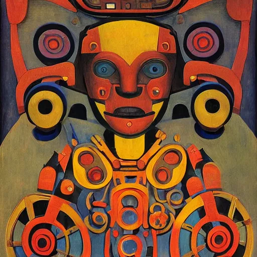 Prompt: robot wearing human mask, by annie swynnerton and nicholas roerich and leo and diane dillon and adolf wolfli and diego rivera, symbolist, art brut, elaborate costume, little glowing lights, rich color, dramatic cinematic lighting, smooth, sharp focus, extremely detailed