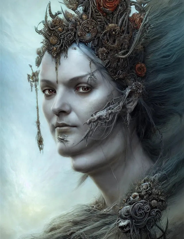 Image similar to a beautiful detailed 3d matte painting of face portrait of female Sumarian Deat Goddess, by ellen jewett, tomasz alen kopera and Justin Gerard, symmetrical features, ominous, magical realism, texture, intricate, ornate, royally decorated, skull, skeleton, whirling smoke, embers, white adornements, white torn skulls, radiant colors, fantasy, trending on artstation, volumetric lighting, micro details, 3d sculpture, ray tracing, 8k