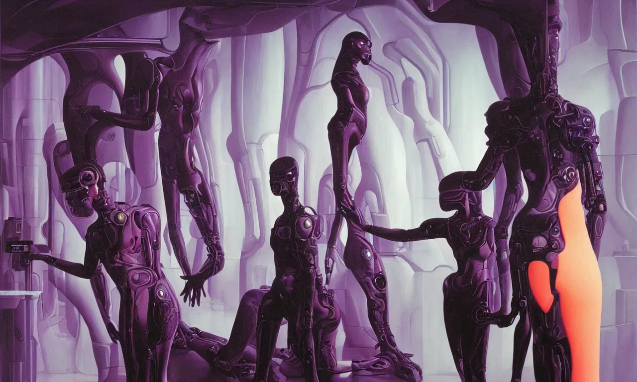 Prompt: futuristic painting by wayne barlowe. portrait of a slick futuristic cyborg with lcd screen skin looking at a painting of a beautiful woman staring at them. juxtaposition. intricate details