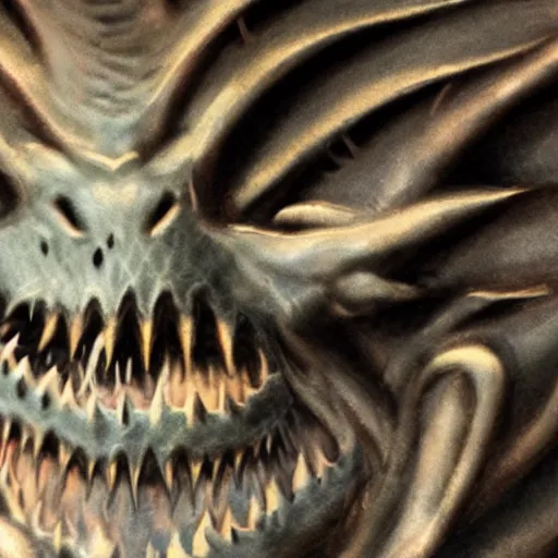 Image similar to a close up of a dragon with teeth bearing down on you