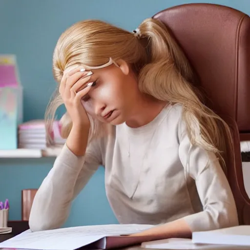 Prompt: a tired!!!!!!!! and sad!!!!!!!!! barbie doll sits at a desk in her office. the desk is overflowing!!! with several large stacks!!! of paper that surround!!! her entirely. her head is resting on her hand, photorealistic,