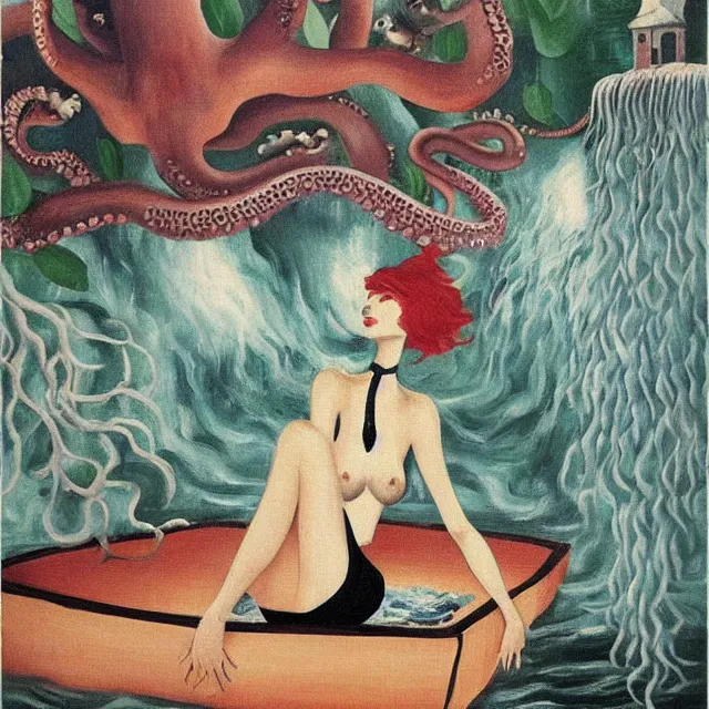 Prompt: tall female catgirl artist holding sheet music in her flooded apartment, pomegranates, octopus, water gushing from ceiling, painting of flood waters inside an artist's apartment, a river flooding indoors, mushrooms, ikebana, zen, rapids, waterfall, black swans, canoe, berries, acrylic on canvas, surrealist, by magritte and monet