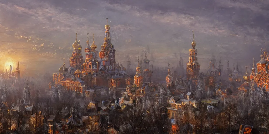 Image similar to magical ancient Slavic city of Kitezh in mist, magic lights, magic mist, strange buildings, oil painting, painting by Viktor Vasnetsov, concept art, fantasy cityscape, ancient Russian architecture, painting by Ivan Shishkin, hyperborea, high resolution, trending on artstation,