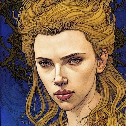 Image similar to a realistic, very beautiful and atmospheric portrait of scarlett johansson as a druidic warrior wizard looking at the camera with an intelligent gaze by rebecca guay, michael kaluta, charles vess and jean moebius giraud