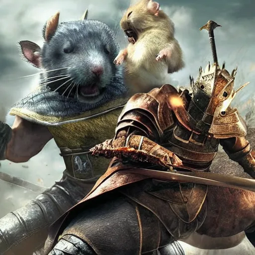 Image similar to A hamster holding a sword fighting a monster in dark souls 3