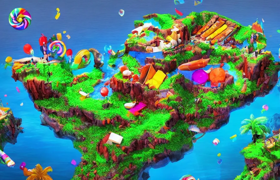 Prompt: an entire island made out of candy, candied island, photorealistic digital art, fantasy and realistic concept art, dynamic lighting, air view, beautiful scenery