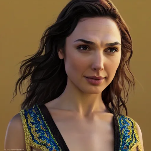 Image similar to Gal Gadot wearing bulgarian embroidery clothes , made by Stanley Artgerm Lau, WLOP, Rossdraws, ArtStation, CGSociety, concept art, cgsociety, octane render, trending on artstation, artstationHD, artstationHQ, unreal engine, 4k, 8k,