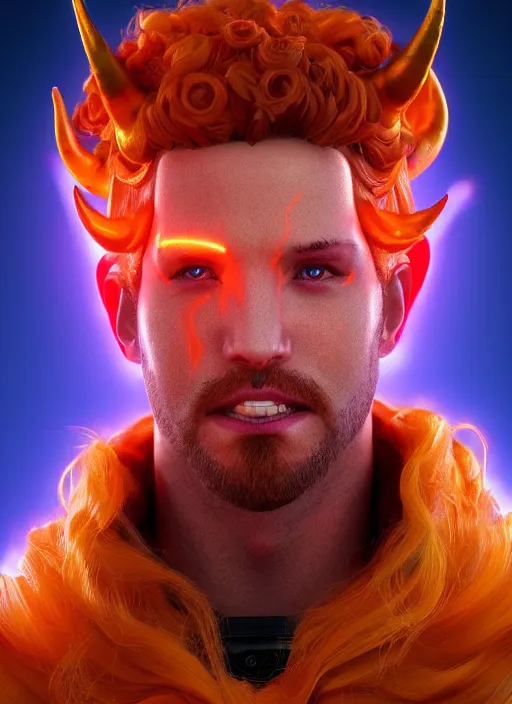 Image similar to glowwave portrait of a curly orange hair angel man with demon horns from overwatch, au naturel, hyper detailed, digital art, trending in artstation, cinematic lighting, studio quality, smooth render, unreal engine 5 rendered, octane rendered, art style by klimt and nixeu and ian sprigger and wlop and krenz cushart riot arcane overwatch