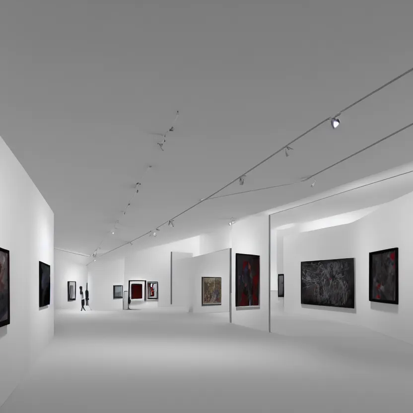 Prompt: 3 d model of an hyper modern art gallery with white walls, hyper detailed, soft light, 4 k