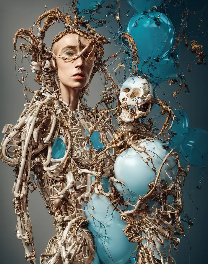 Prompt: Portrait of positing on rock woman in baroque dress with many biomechanical details, full lenght view. white plastic, skull, muscles, tumors, veins, balloons. !!!Vogue magazine!!! halo. octane rendering, cinematic, hyperrealism, octane rendering, 8k, depth of field, bokeh. iridescent accents. vibrant. teal gold and red color scheme