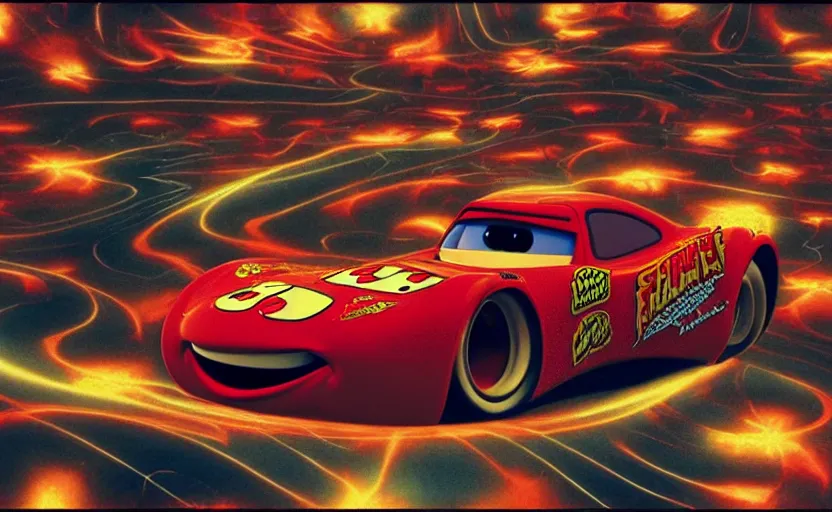 Image similar to fractal lightning mcqueen from cars, cookbook photo, in 1 9 9 5, y 2 k cybercore, industrial photography, still from a ridley scott movie