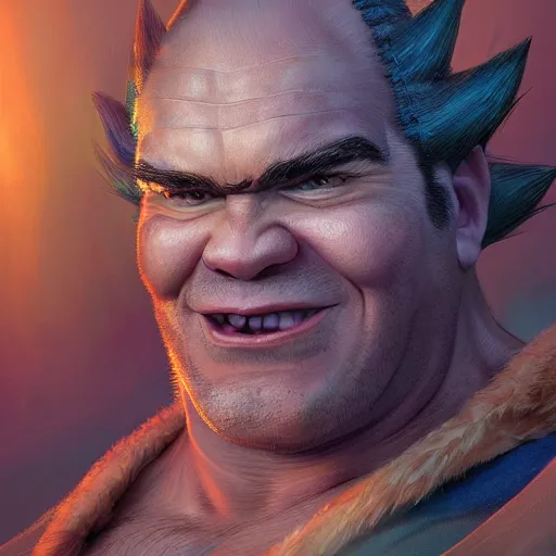 Image similar to super saiyan trevor philips as shrek the hedgehog, highly detailed, digital painting, artstation, concept art, smooth, sharp focus, illustration, art by artgerm and greg rutkowski and alphonse mucha