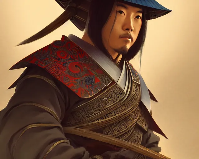 Image similar to photography of a japanese samurai with focused eyes, deep focus, d & d, fantasy, intricate, elegant, highly detailed, digital painting, artstation, concept art, matte, sharp focus, illustration, hearthstone, art by artgerm and greg rutkowski and alphonse mucha