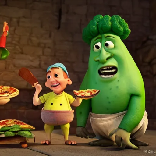 Image similar to cabbages character and king cooking pizza in a wood fired oven, highly detailed 3 d render, funny, pixar