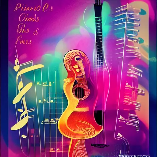 Image similar to piano guitar music notes key, bright colors, warm, in the style of charlie bowater