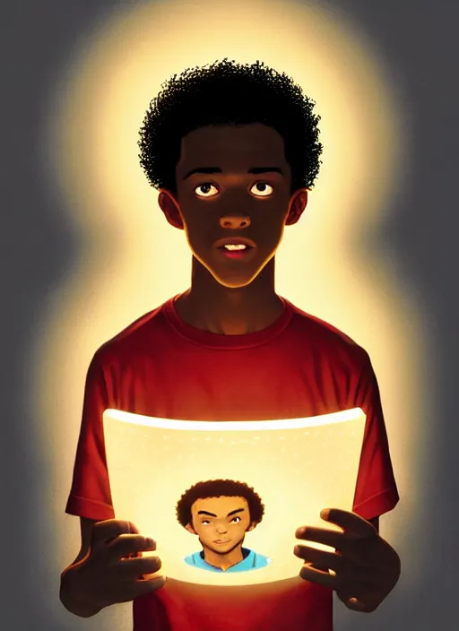 Image similar to portrait of chuck clayton, lightskin black teenage boy, very short curly hair, very short hair, short hair, strong jawline, square jaw, slight smile, reading archie comic, intricate, elegant, glowing lights, highly detailed, digital painting, artstation, concept art, smooth, sharp focus, illustration, art by wlop, mars ravelo and greg rutkowski