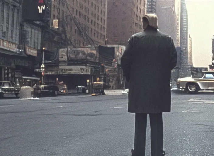 Prompt: screenshot wide shot from moody scene of Donald Trump pensive in New York streets from the film Taxi Driver 1976 directed by Martin Scorcese, kodak film stock, anamorphic lens, 4K, detailed, stunning cinematography and composition, 70mm