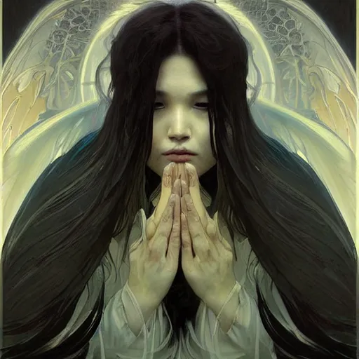 Image similar to A portrait of A beautiful!!!! angel in black flames by Ross Tran!! and alphonse mucha and greg rutkowski! and Zdzisław Beksiński!!,In style of digital art.Symmetrical face.dark Fantasy,smooth,hyper detailed,sharp focus,Soft light.4k
