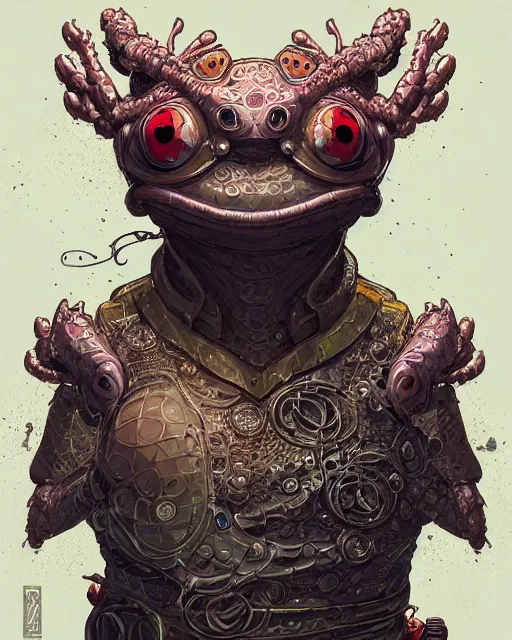 Image similar to a slimy anthropomorphic toad king wearing ornate cyberpunk armor, smooth, intricate, elegant, digital painting, artstation, steam, grungy steel, concept art, sharp focus, octane render, illustration, art by josan gonzalez,