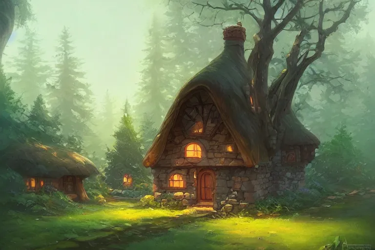 Image similar to a quaint little cottage in a clearing in a huge magical forest by andreas rocha and alena aenami, trending on artstation