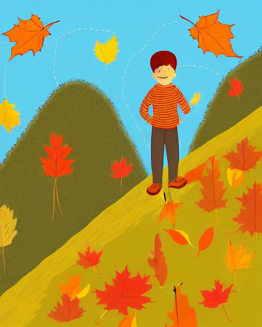 Prompt: autumn hillside boy hiking illustration detailed, by alba ballesta gonzalez