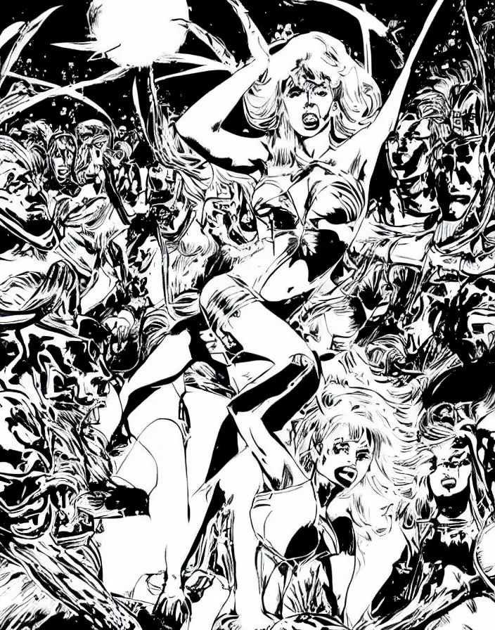 Image similar to comic page, one panel, kylie minogue as barbarella, exploring an alien planet. drawn by pablo marcos. b & w. black and white.