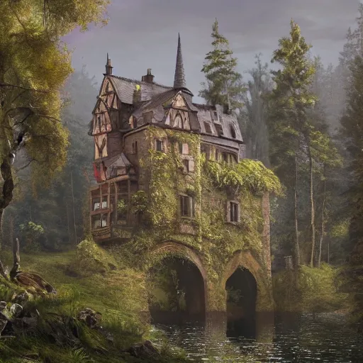 Image similar to a painting of a castle in the middle of a forest, a detailed matte painting by senior environment artist, cgsociety, gothic art, matte painting, rendered in unreal engine, artstation hq