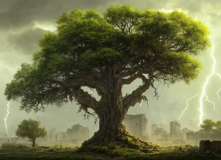 Prompt: oak tree growing in the ruins of a city, post - apocalypse wasteland, gray dull background, vibrant colorful green leaves, hyperrealistic, highly detailed, cinematic, ray of golden sunlight, digital art, soft lightning, muted colors, beautiful, cgssociety, artstation, 8 k, oil painting by greg rutkowski, by artgerm, by wlop