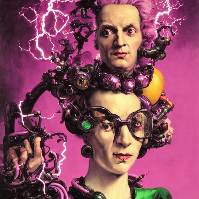 Prompt: a baroque neoclassicist close - up portrait of a retrofuturistic evil mad scientist with crazy hair experimenting in a dark laboratory with purple pink green and orange lightning. renaissance portrait painting. highly detailed science fiction painting by norman rockwell, frank frazetta, and syd mead. rich colors, high contrast, gloomy atmosphere, dark background. trending on artstation