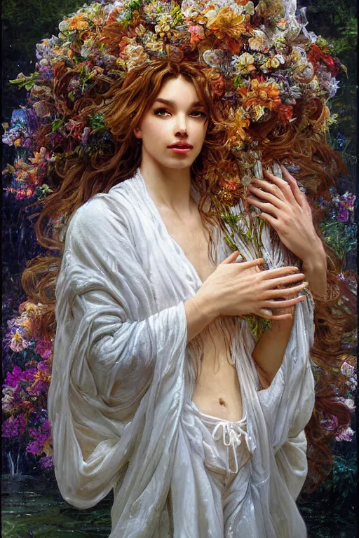 Image similar to portrait male anthro lion character wearing a white cloak, holding a bouquet of flowing flowers, water drenched body, wet dripping hair, emerging from the water, fantasy, regal, fractal crystal, fractal gems, by stanley artgerm lau, thomas kindkade, alphonse mucha, loish, norman rockwell