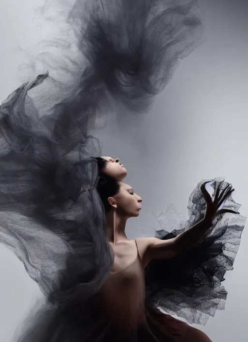 Image similar to a Photorealistic dramatic hyperrealistic render of a beautiful Female smoke dancer by Ken Brower and Deborah Ory of NYC Dance project,Lois Greenfield,Flowing cloth and smoke,Beautiful dynamic dramatic dark moody lighting,volumetric,shadows,cinematic atmosphere,Octane render,8K