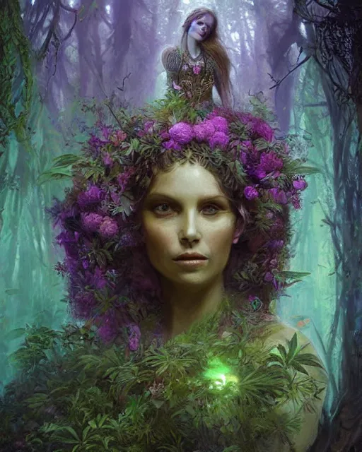 Image similar to portrait of woman queen dryad made of plants weed and trees, fantasy character portrait full body concept art, intricate details, volumetric neon purple lights in the mist by greg rutkowski, gaston bussiere