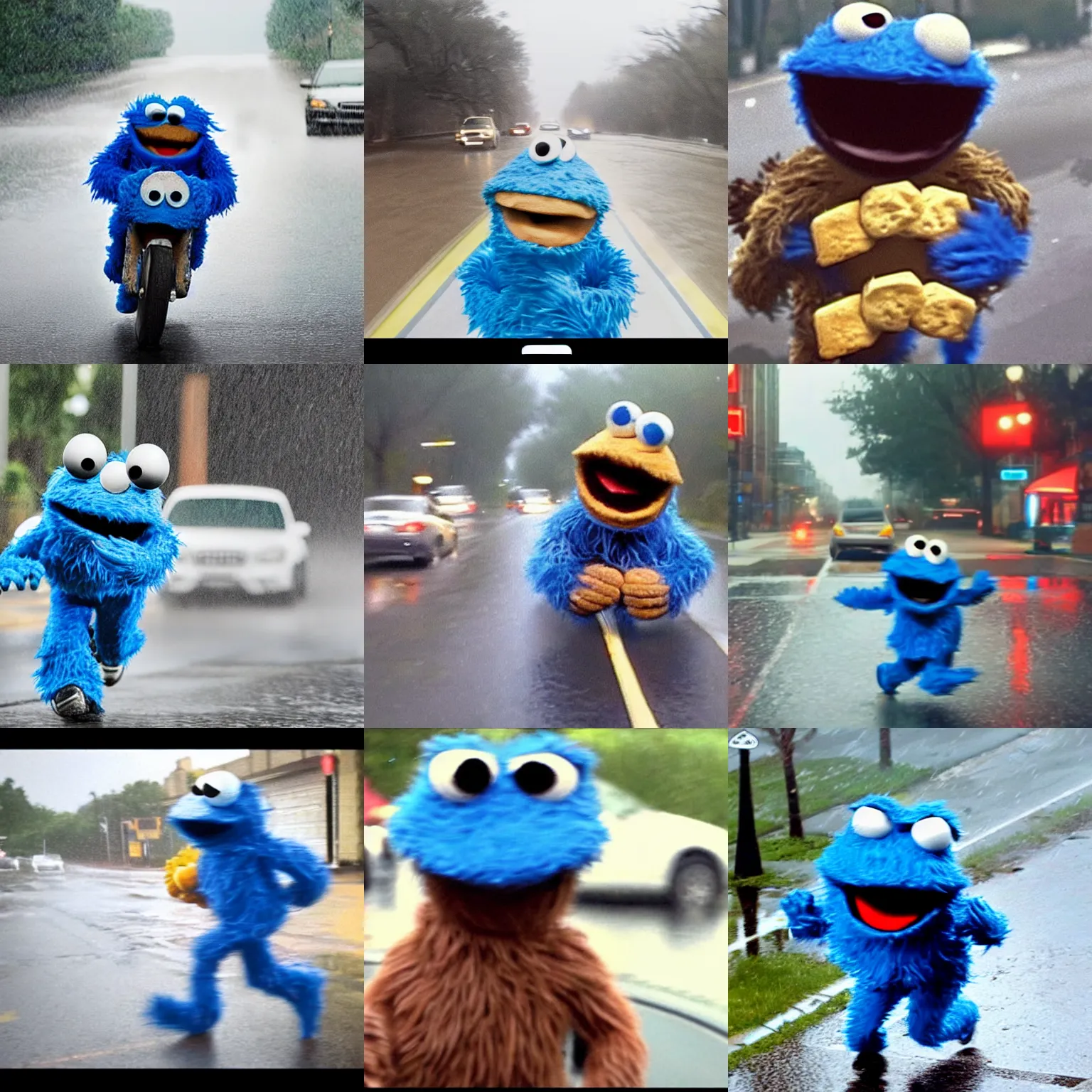 Prompt: Dash-cam footage of cookie monster running across a street in the rain holding stolen goods